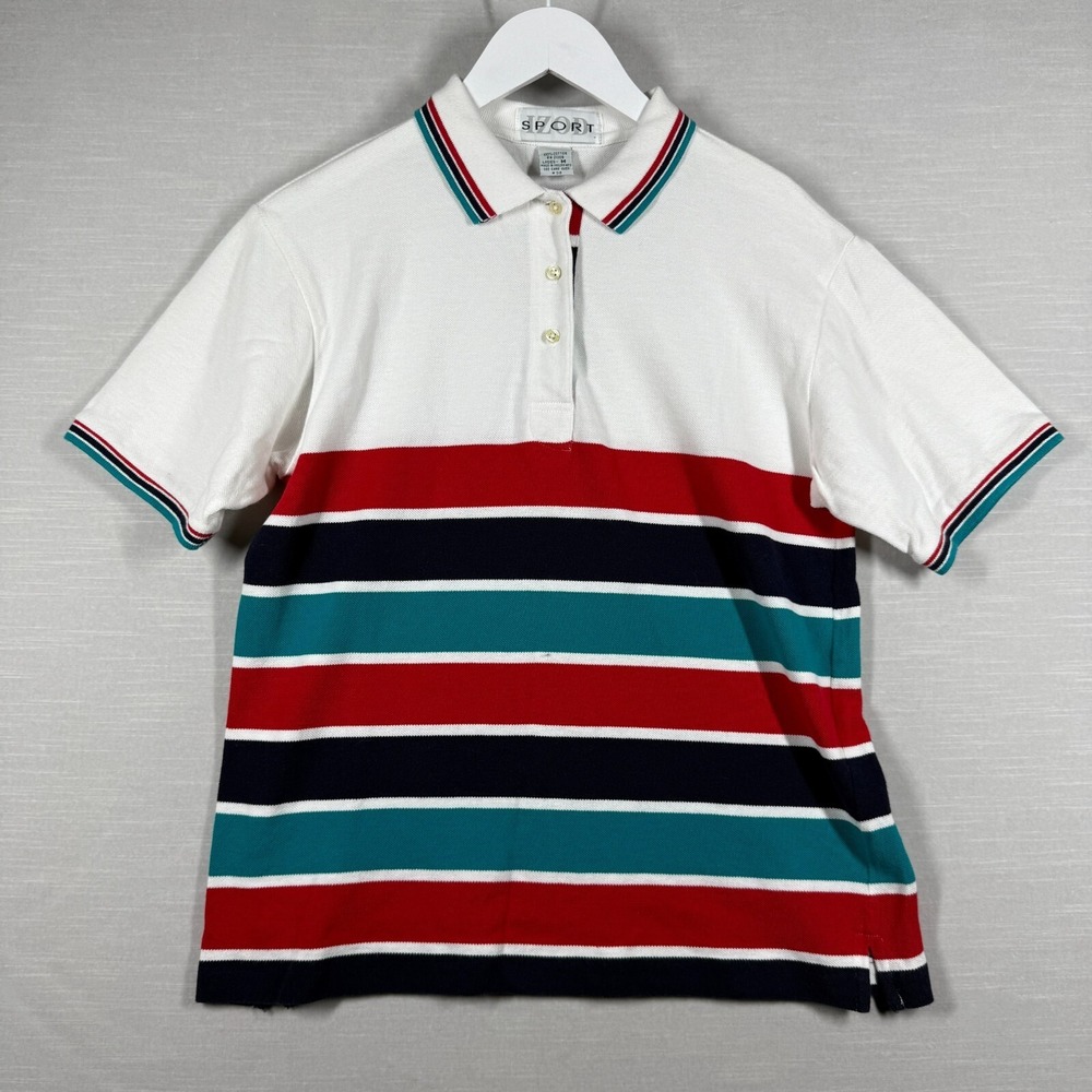 IZOD Sport Polo Shirt Women M White Red Blue Stripe Country Club Yacht Classic